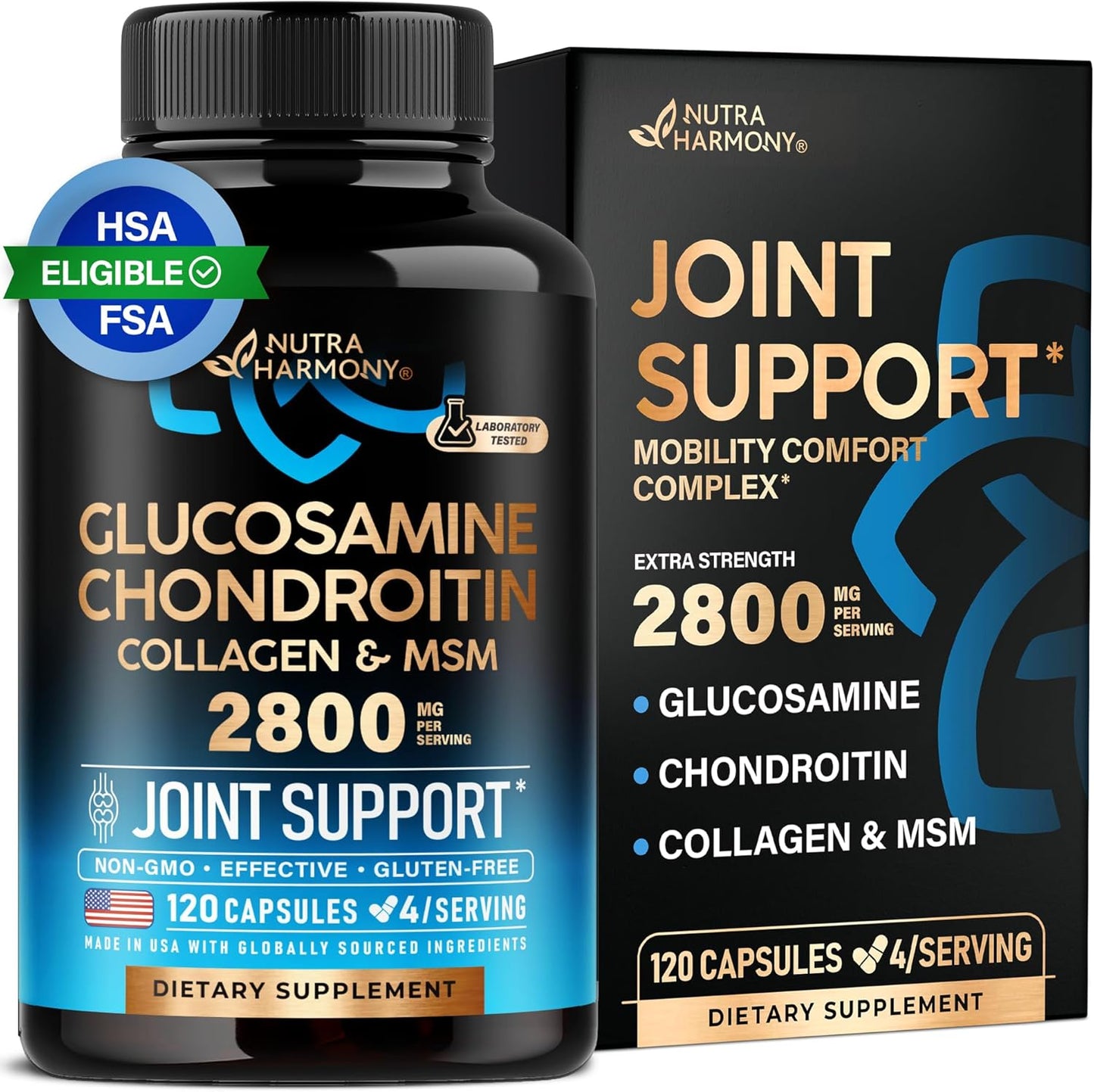 Glucosamine Chondroitin MSM Collagen | FSA HSA Eligible | Joint Support Supplement 2800 mg | Made in USA | FSA Approved Product Items | Flexibility Nutritional Vitamins | For Men & Women, 120 Capsules