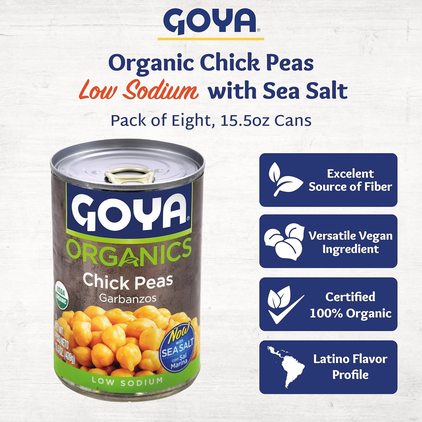 Goya Organic Chick Peas Garbanzo Beans, Low Sodium with Sea Salt, 15.5 Ounce (Pack of 8)