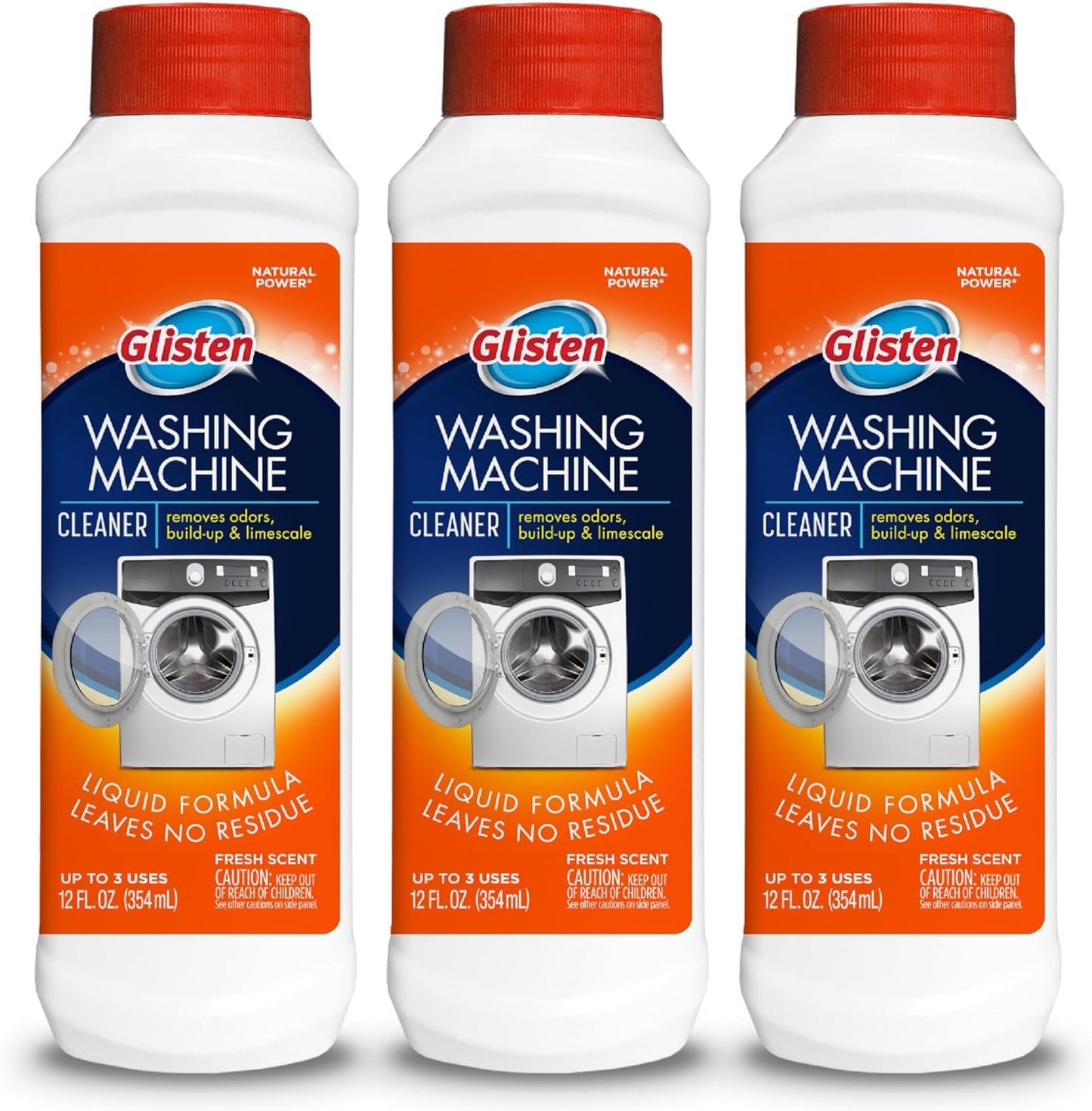 Glisten Washing Machine Cleaner, Helps Remove Odor, Buildup, and Limescale, Fresh Scent, 12 Ounce Bottle, 3-Pack