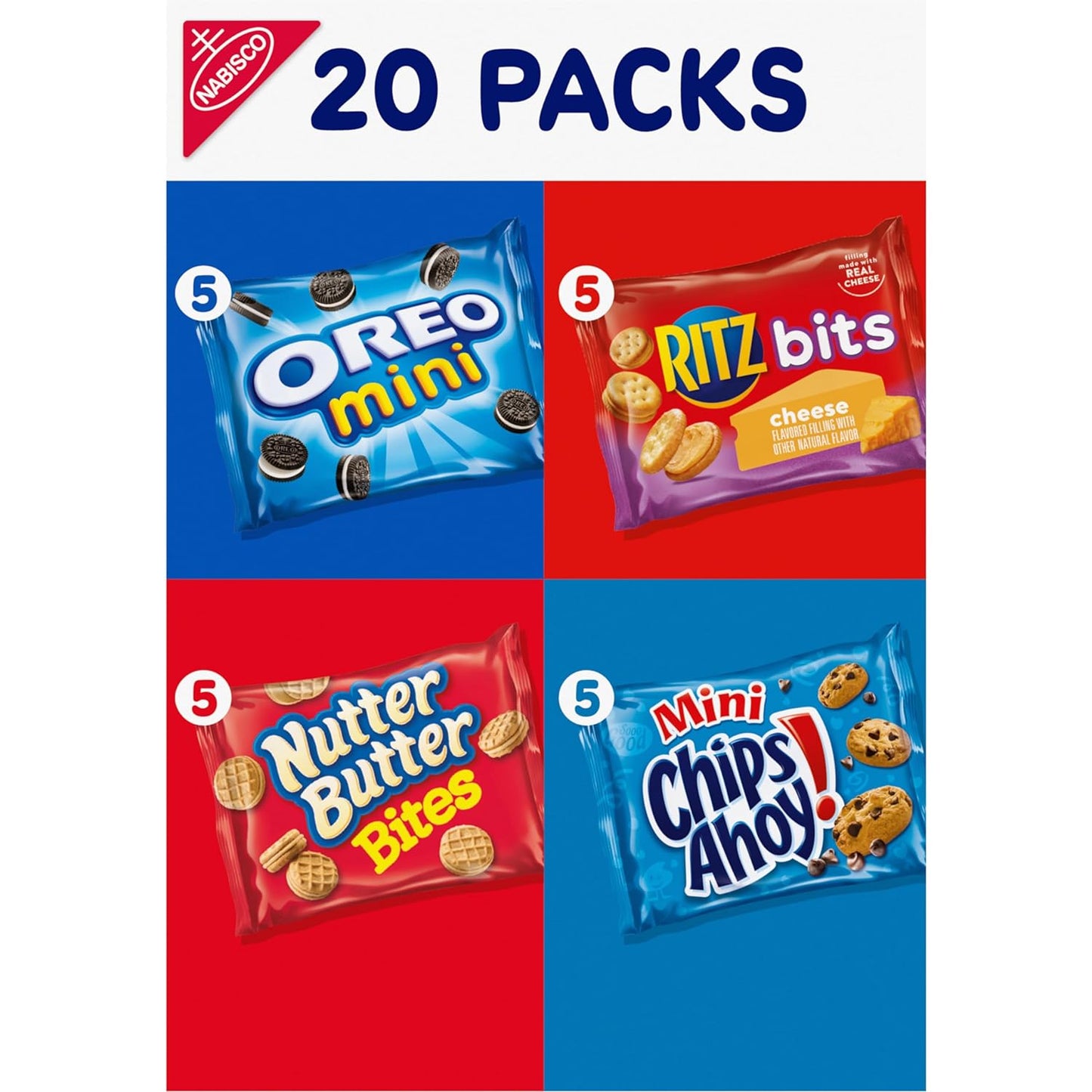 Nabisco Classic Mix Variety Pack, OREO Mini, CHIPS AHOY! Mini, Nutter Butter Bites, RITZ Bits Cheese, 20 - 1 oz Snack Packs