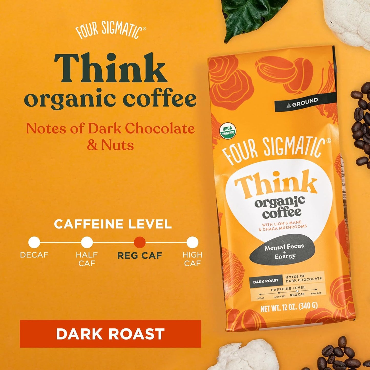 Four Sigmatic Think Mushroom Coffee | Organic Ground Coffee with Lion's Mane Mushroom and Chaga Mushroom | Nootropic Mushroom Coffee for Better Focus and Immune Support | 12oz Bag