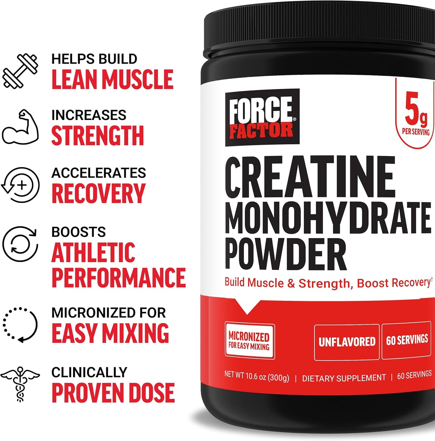 FORCE FACTOR Creatine Monohydrate, Creatine Powder for Muscle Gain, More Strength, and Faster Workout Recovery, Clinically Studied Micronized Creatine 5g Dose Per Serving, Unflavored, 60 Servings