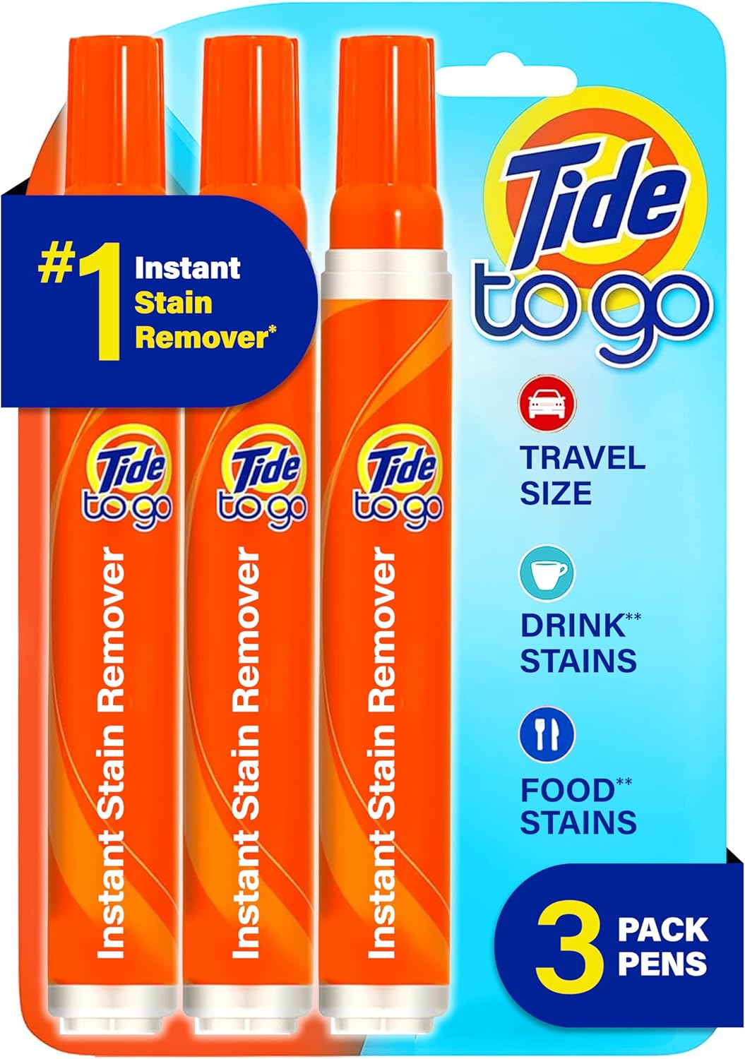 Tide Pen Stain Remover for Clothes, Tide To Go Pen, Instant Stain Remover Pen & Spot Cleaner, Portable & Travel-Friendly, Works on Food & Drink Stains, Fits in Purses & Bags, 3 Count (Pack of 1)