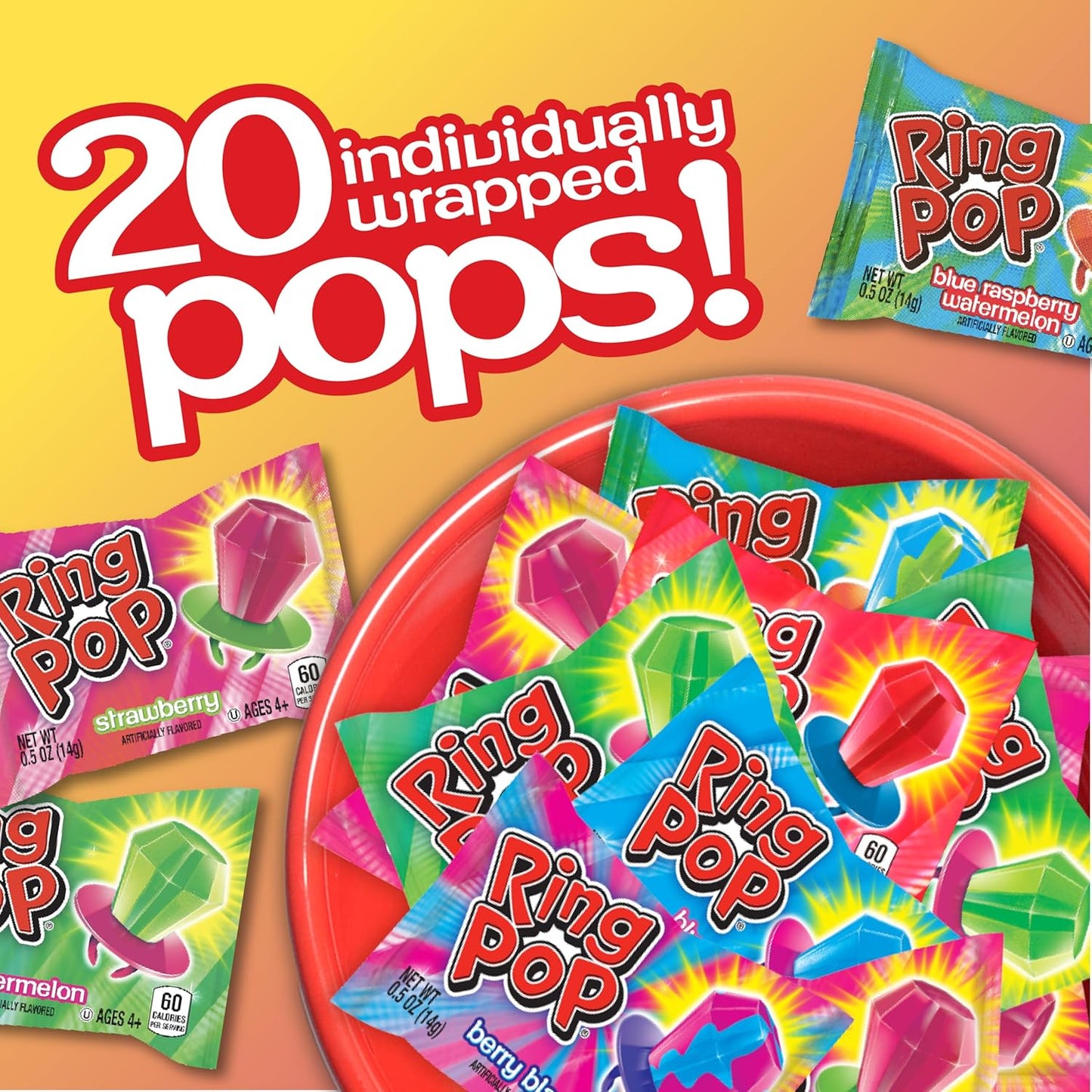 Ring Pop Halloween Bulk Variety Candy - 20 Ct Individually Wrapped Lollipops w/ Assorted Flavors - Fun Candy For Party Favors, Halloween Parties, Trick or Treat Goodie Bags, Bachelorette Parties