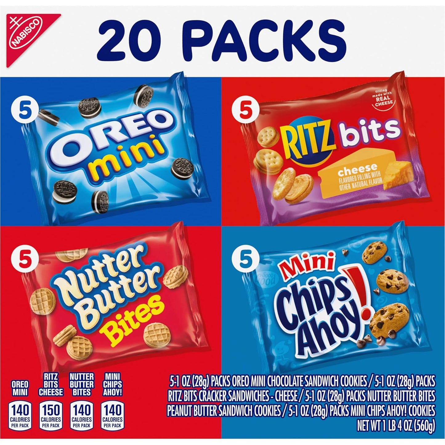 Nabisco Classic Mix Variety Pack, OREO Mini, CHIPS AHOY! Mini, Nutter Butter Bites, RITZ Bits Cheese, 20 - 1 oz Snack Packs