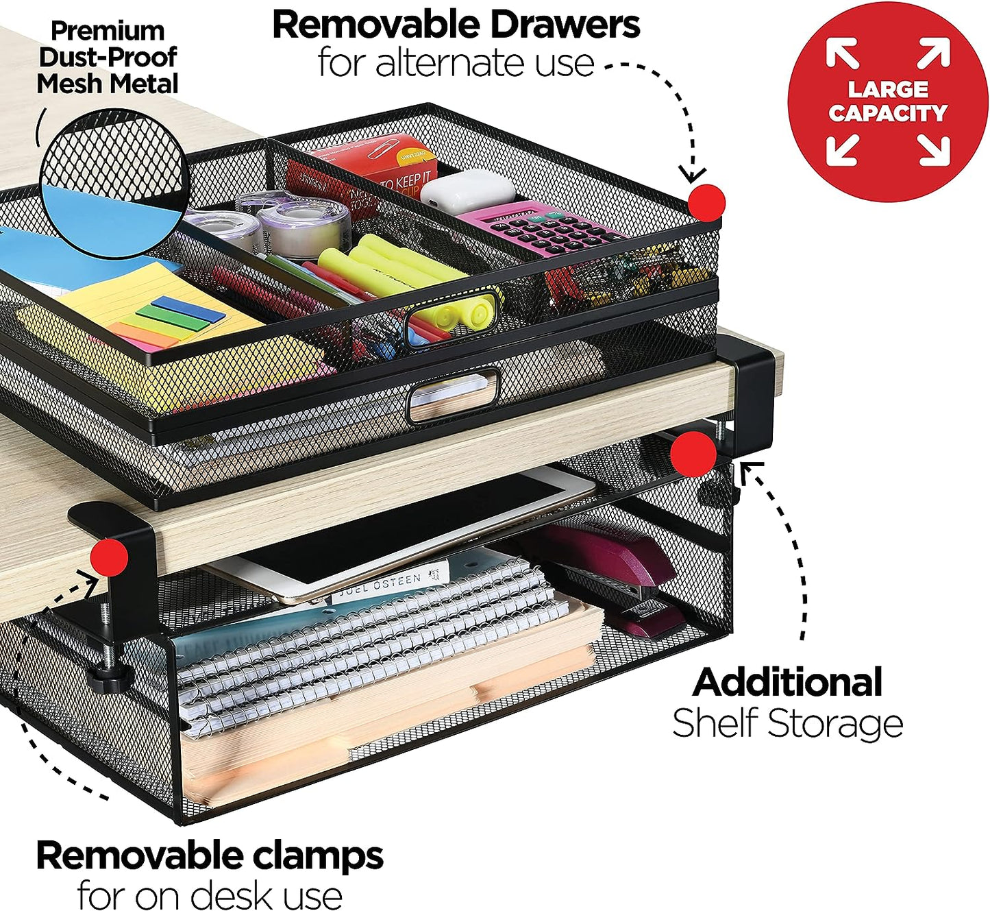 Under Desk Drawer Organizer Clamp-On, Mesh Metal Desk Drawer Attachment, 2 Drawer Slide Out, On Desk Or Under Desk Organizer For Office Supplies & Home Essentials (2 Drawers)