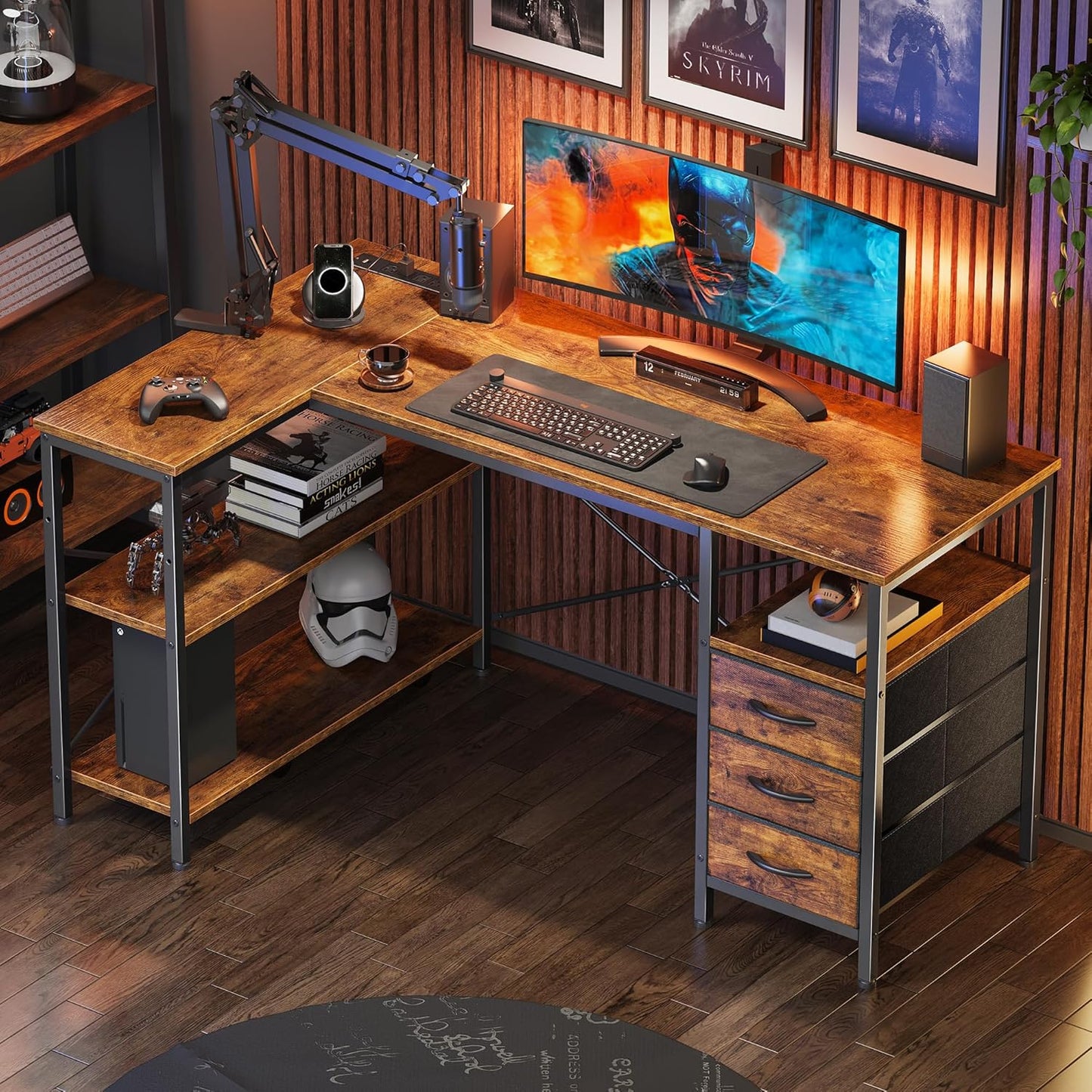 L Shaped Desk with Power Outlets, Computer Desk with 3 Drawers, 47 Inch Office Desk with Shelves, Gaming Desk, Corner Desk Work Desk for Home Office, Study, Rustic Brown