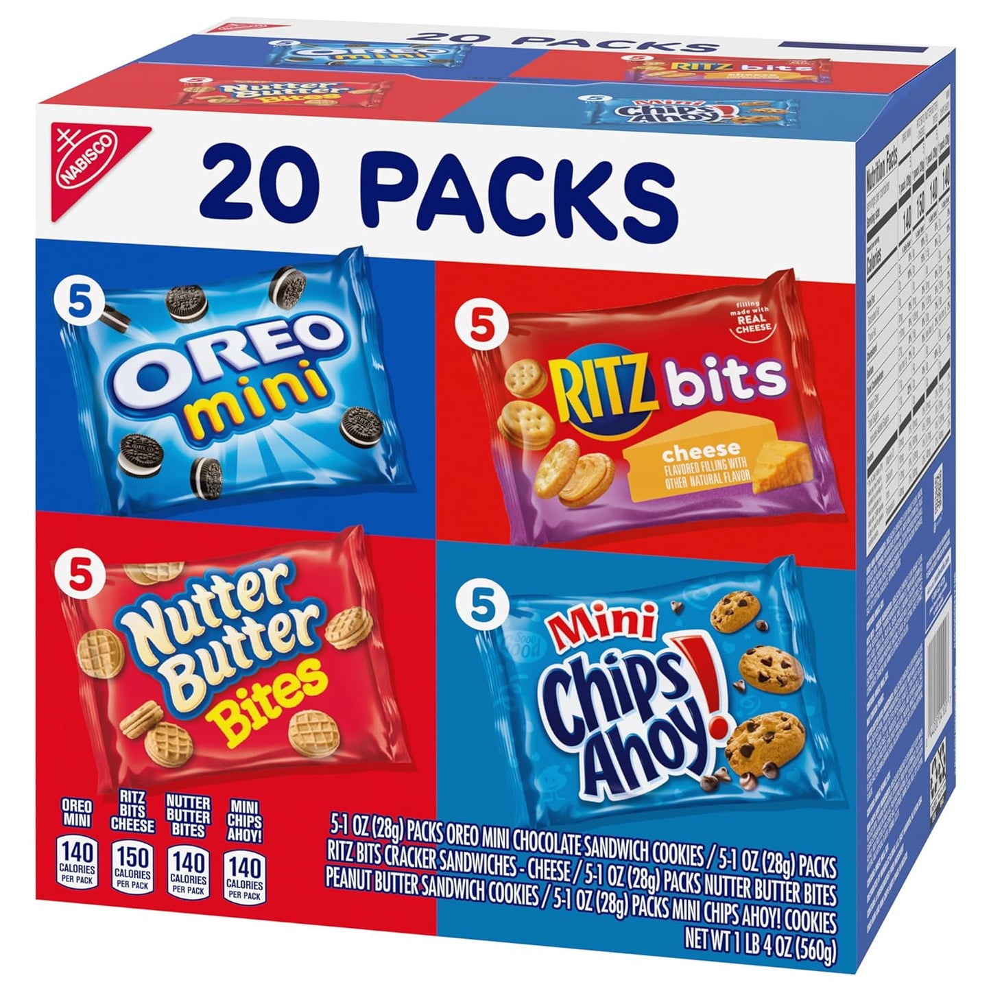 Nabisco Classic Mix Variety Pack, OREO Mini, CHIPS AHOY! Mini, Nutter Butter Bites, RITZ Bits Cheese, 20 - 1 oz Snack Packs