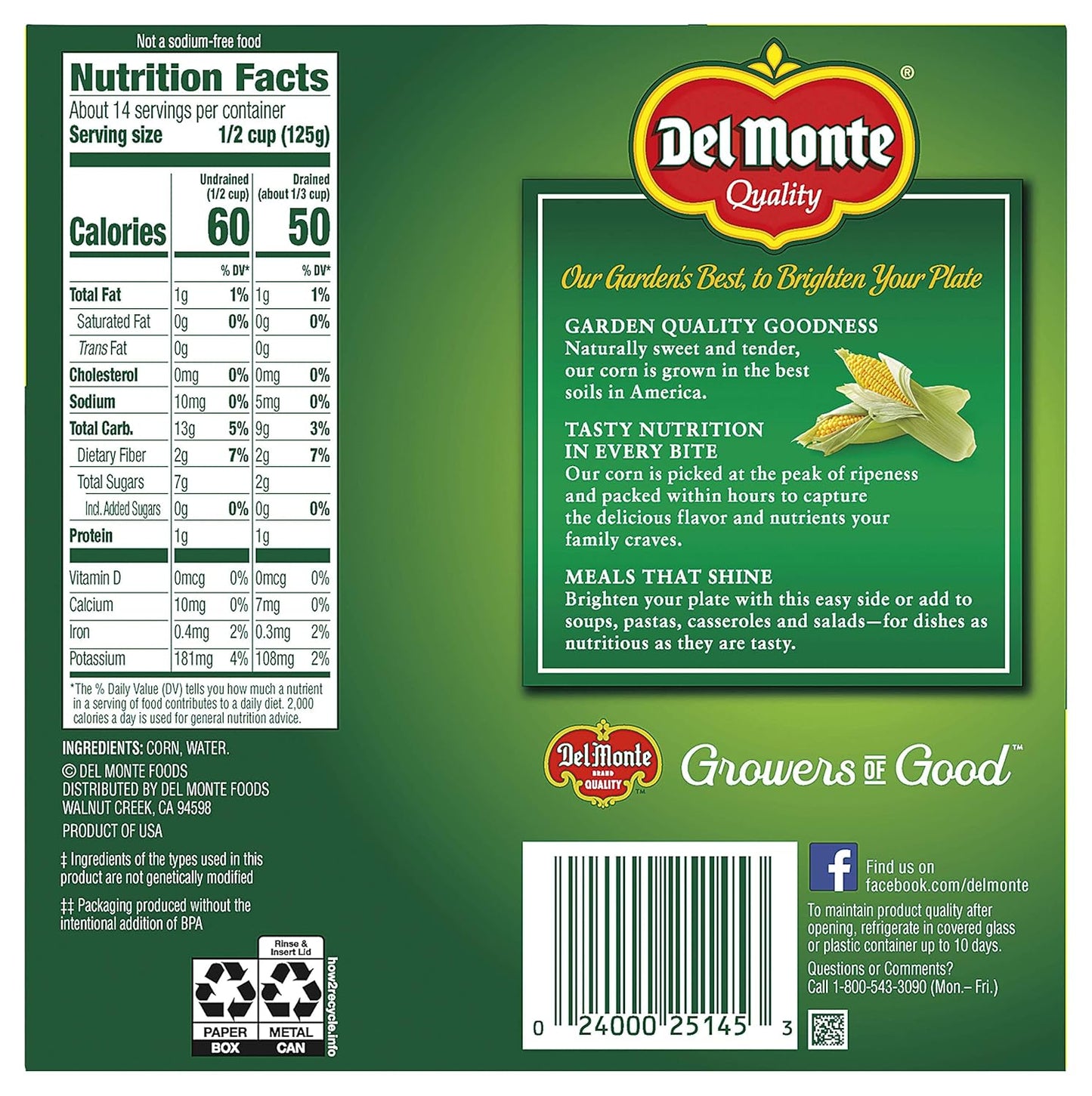 Del Monte Fresh Cut Golden Sweet Whole Kernel Corn With No Added Salt 4-15.25 Oz. Can, 15.25 Oz (Pack Of 4)