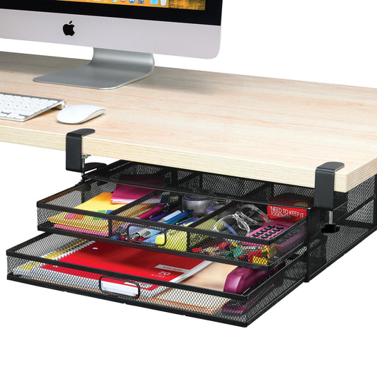 Under Desk Drawer Organizer Clamp-On, Mesh Metal Desk Drawer Attachment, 2 Drawer Slide Out, On Desk Or Under Desk Organizer For Office Supplies & Home Essentials (2 Drawers)