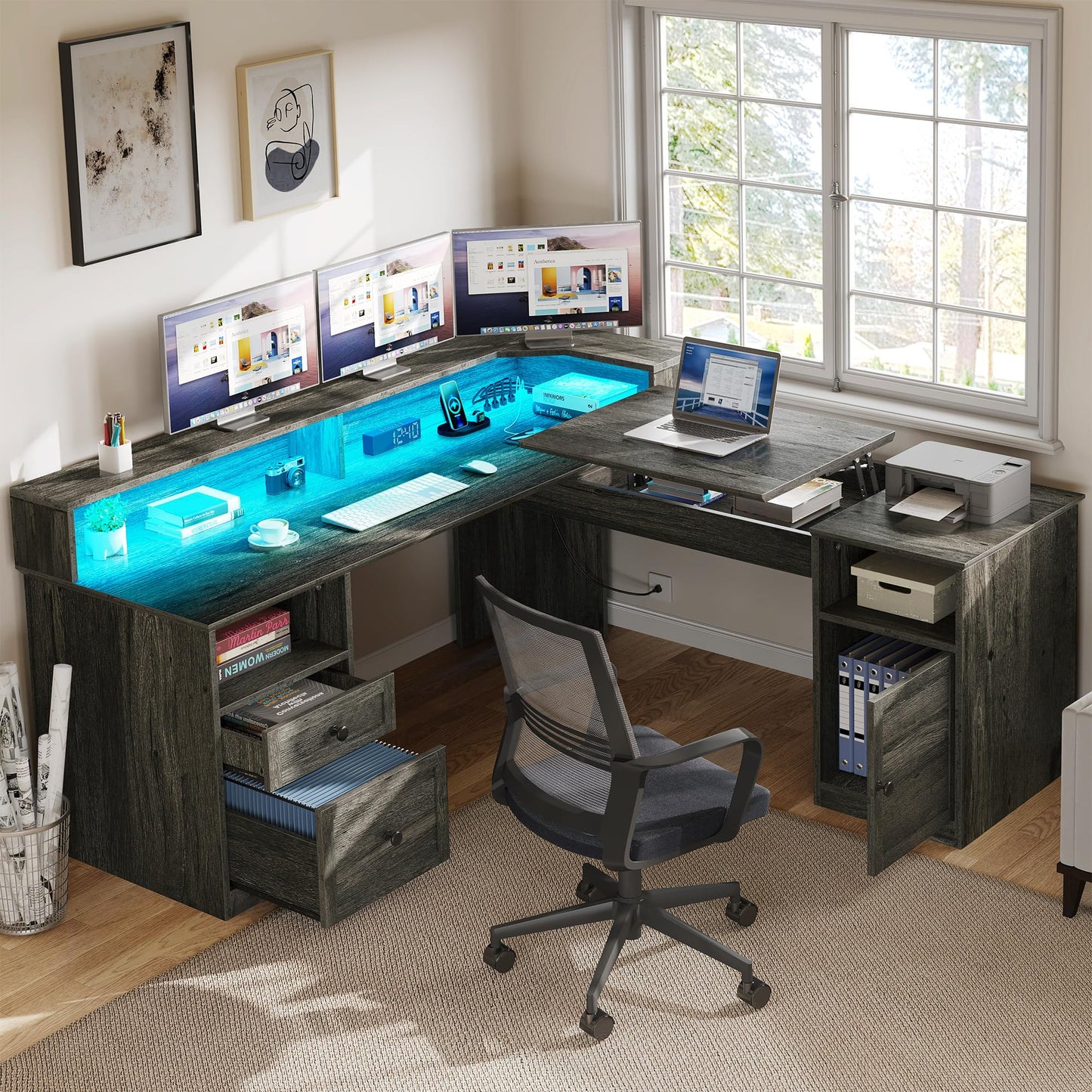 YITAHOME L Shaped Desk with Power Outlets & LED Lights, 60” Corner Computer Desk with Drawers & Lift Top, Home Office Desk with Monitor Stand & File Cabinet, Wood Height Adjustable Desk, Grey