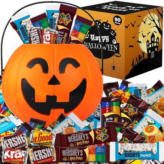 Halloween Candy Gift Basket for Kids and Adults - Trick or Treat Pumpkin Bucket Filled Assorted Halloween Chocolate Candy Sweets Great Care Package Gift Basket for College Students, 90ct, 30oz