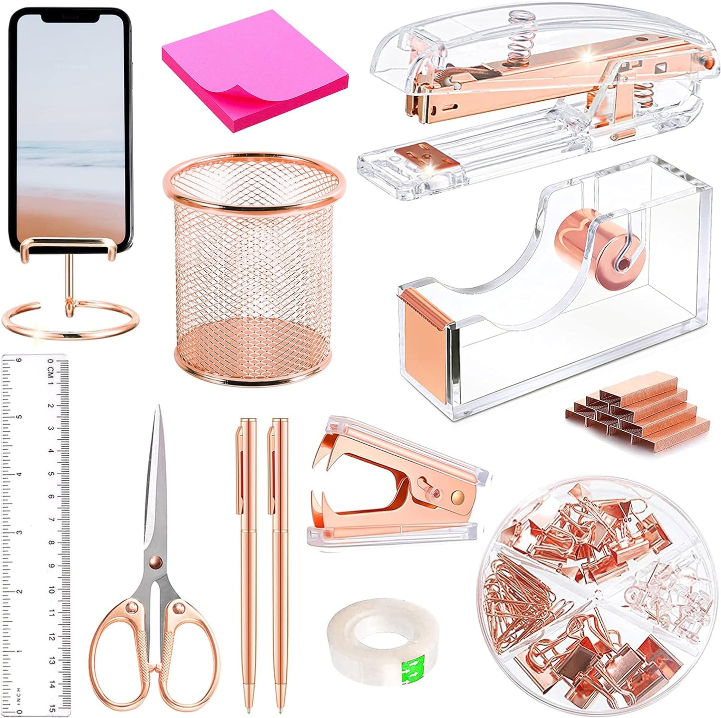 Rose Gold Desk Accessories, Acrylic Stapler, Staple Remover, Tape Holder, Pen Holder, Ballpoint Pen, Scissor, Binder Clips, Staples, Phone Holder, Ruler, Transparent Glue and Sticky Notes