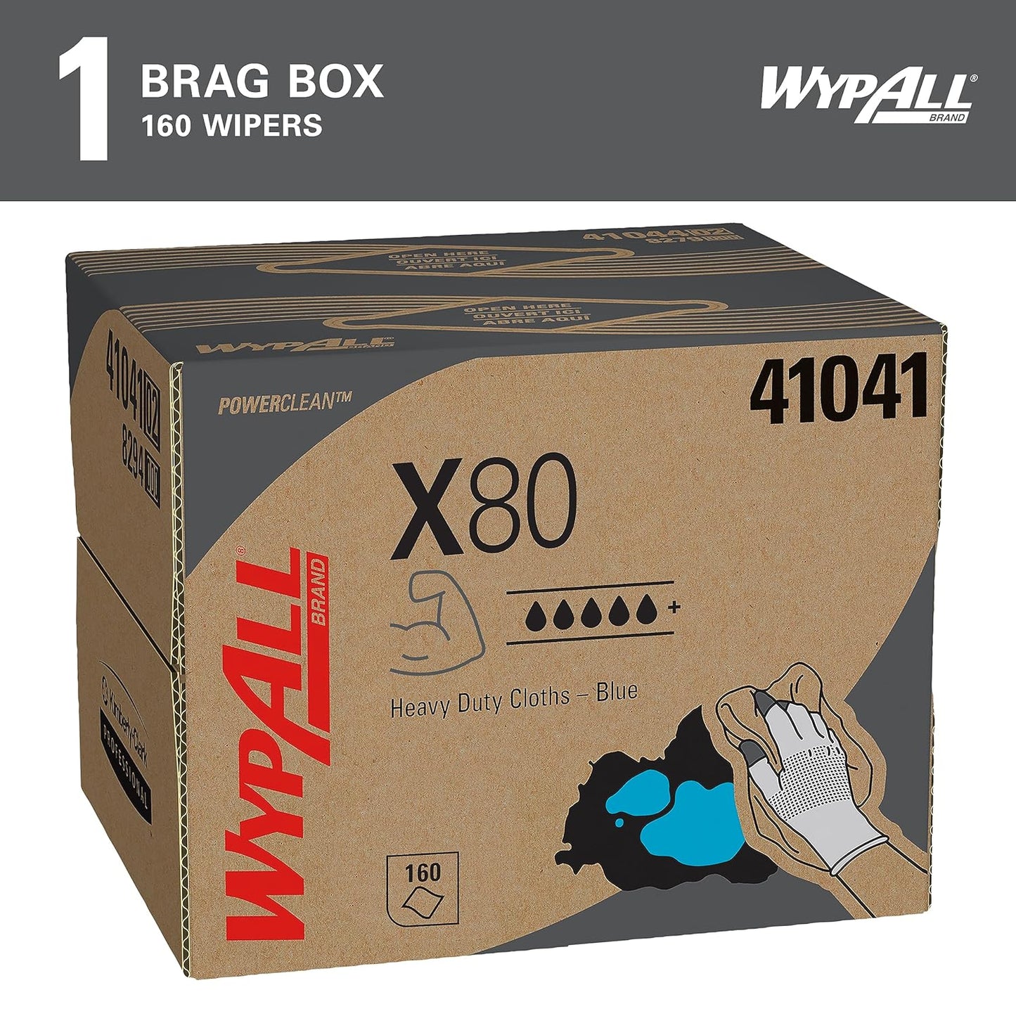 WypAll® PowerClean™ X80 Heavy Duty Cloths (41041), Brag Box, Extended Use Towels, Blue (160 Sheets/Pack, 1 Pack/Case, 160 Sheets/Case)