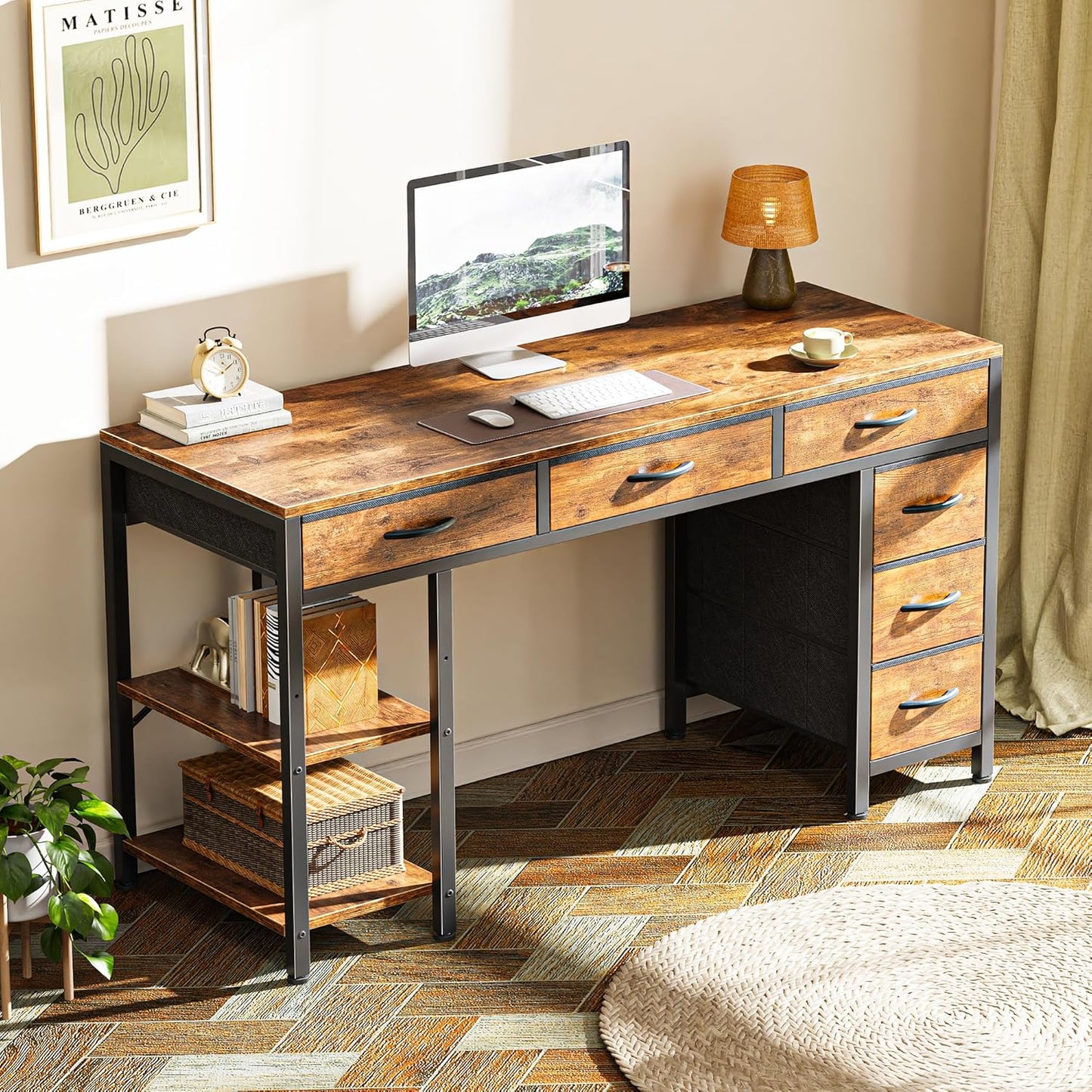 Computer Desk with 6 Drawers, 47 Inch Office Desk with Shelves, Reversible Gaming Desk, Corner Desk with Storage, Work Desk for Home Office, Study, Living Room, Rustic Brown