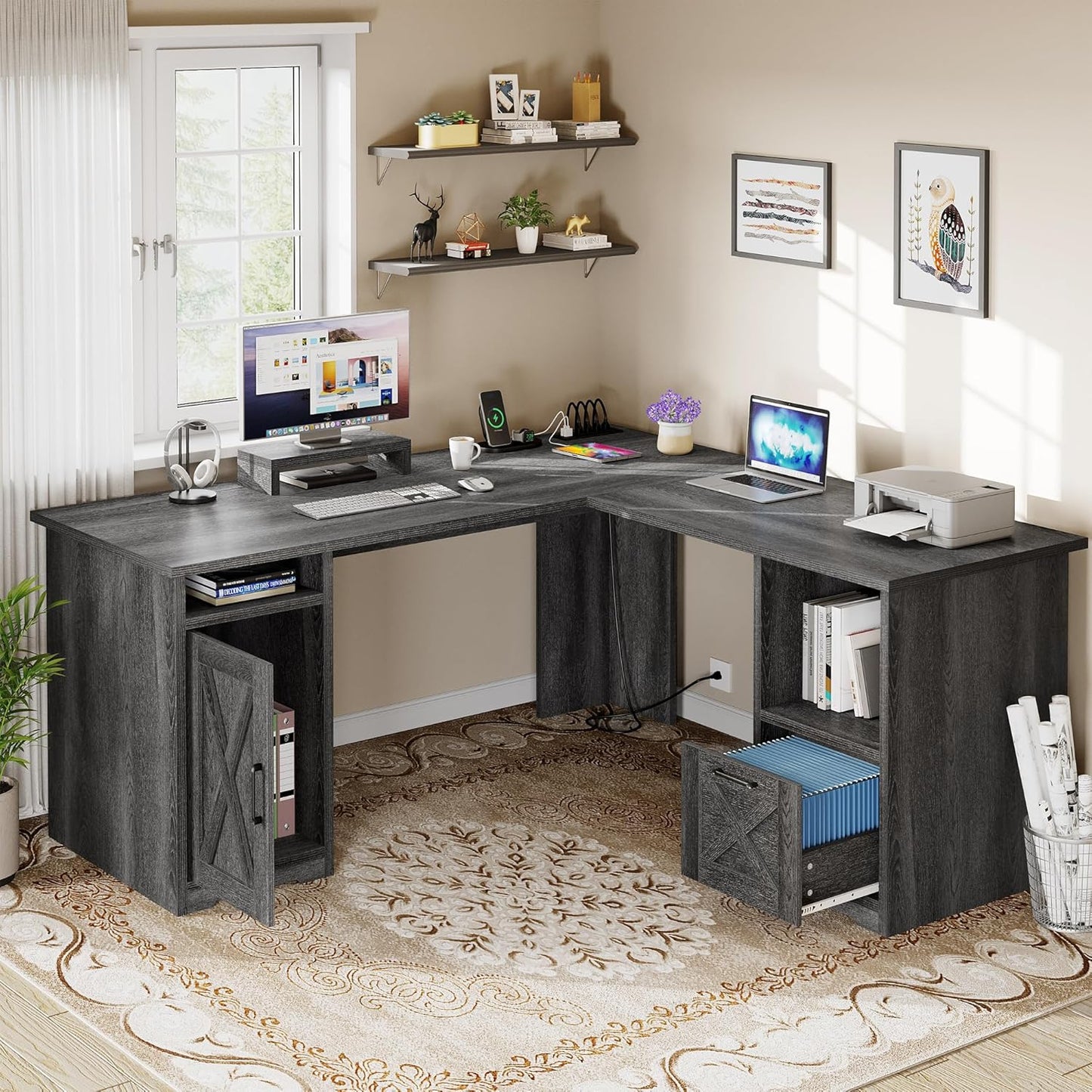 YITAHOME L Shaped Desk with Power Outlets, 60 Inch Computer Desk Corner Desk with File Drawer, Home Office Desk with Monitor Stand & Storage Shelves, L-Shaped Desk with File Cabinet, Grey