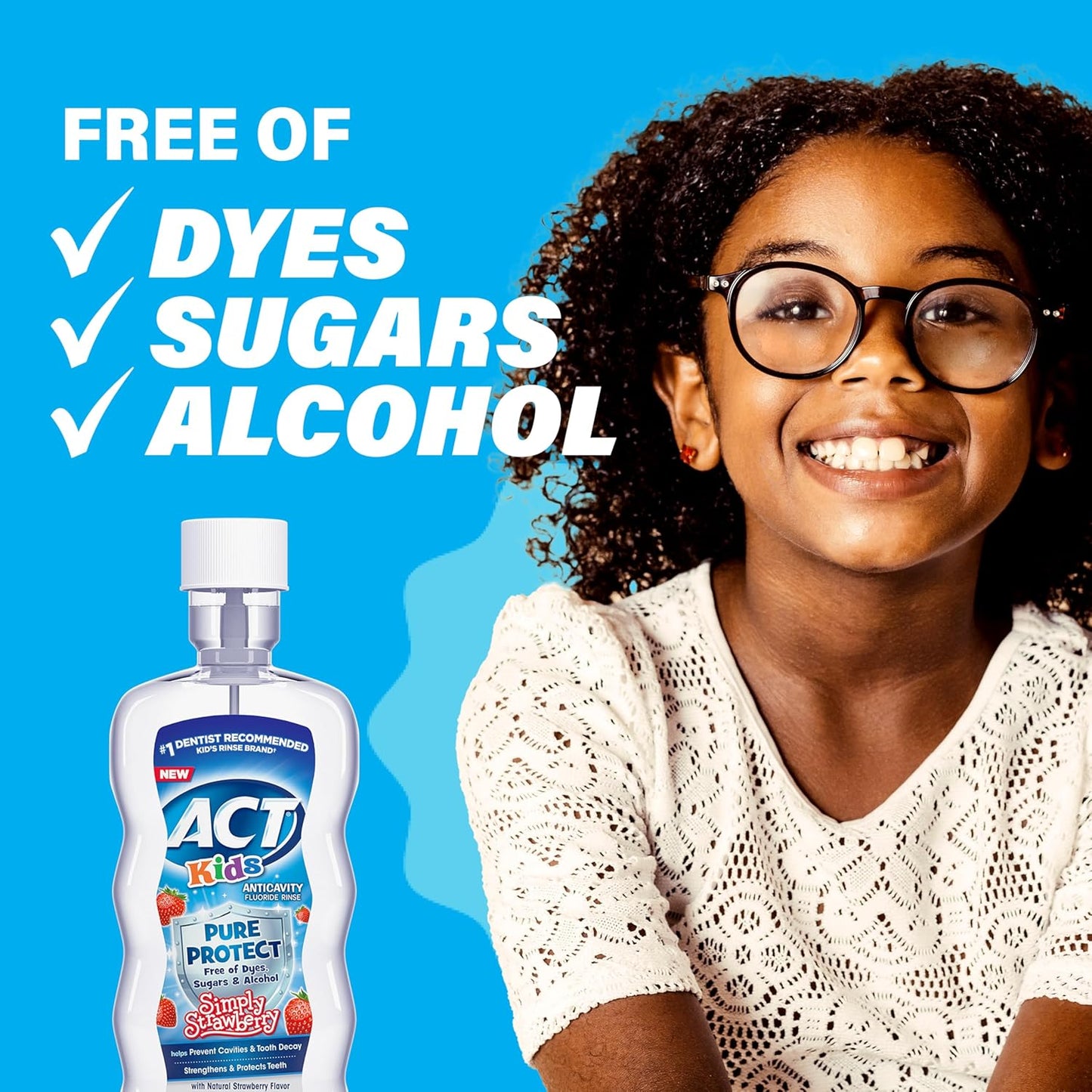 ACT Kids Pure Protect Anticavity Fluoride Rinse, Natural Strawberry Flavor Without Sugar, Free from Dyes & Alcohol, 16.9 fl. oz.