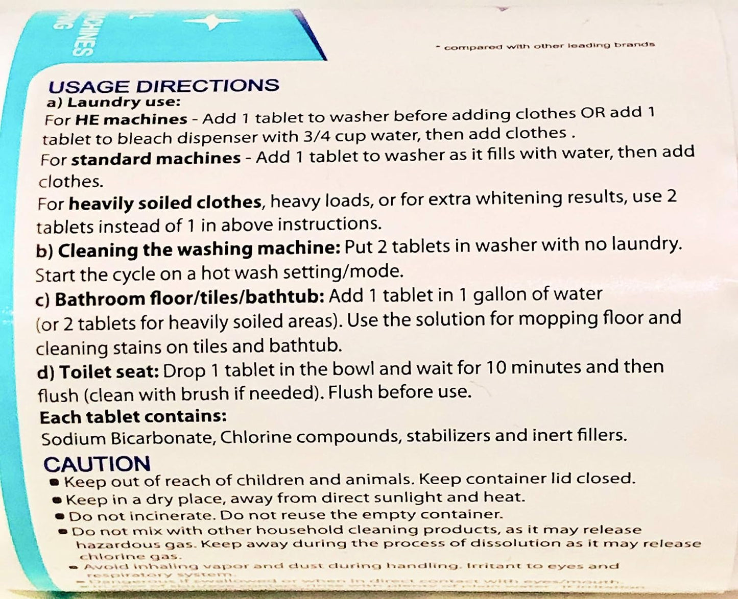 Bleach Tablets - 40 count. Bleach for laundry and multipurpose cleaning. Liquid bleach Alternative. Used for kitchen surfaces, bathroom tiles and toilet bowl cleaning.