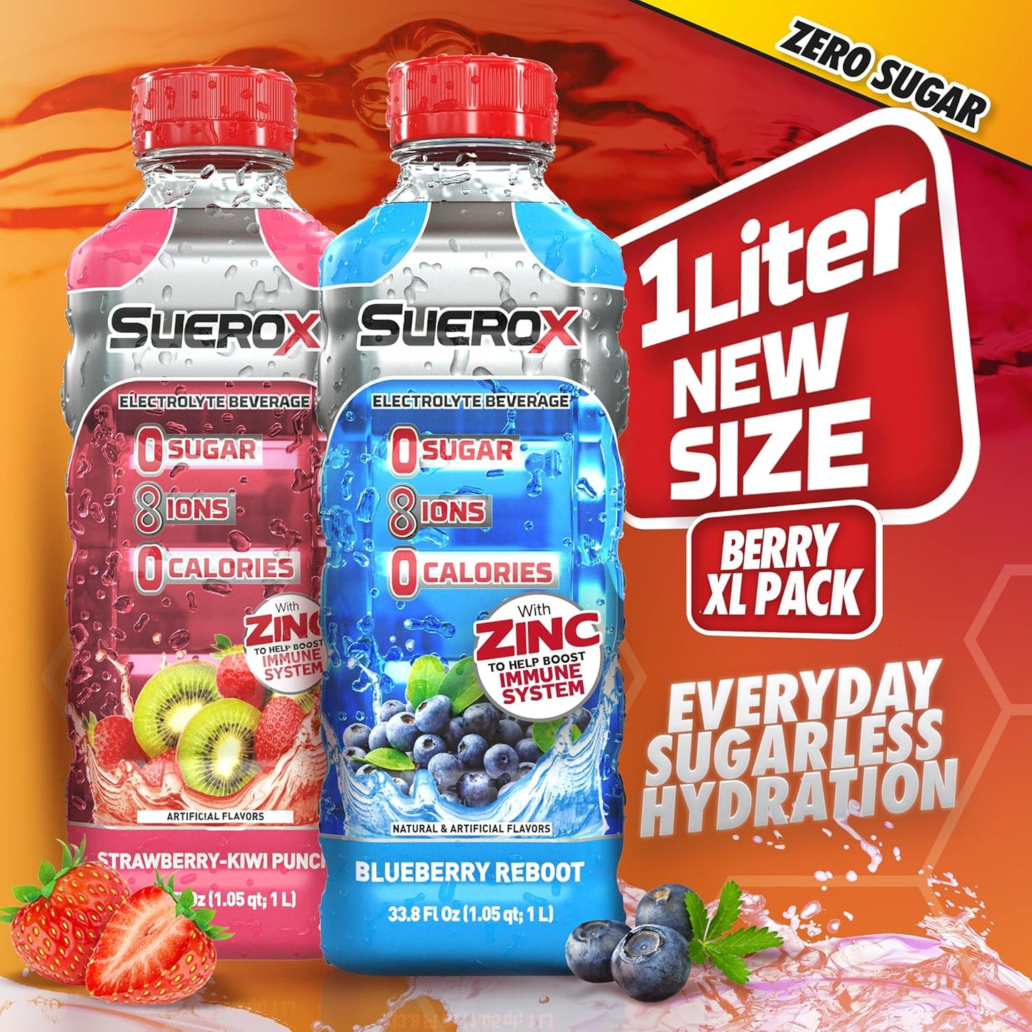 SueroX Zero Sugar Electrolyte Drink, Sugar Free Hydration Beverage, Unique Blend of 8 Ions & Electrolytes, Zero Calorie Sports Drink, Berry XL Pack, 1- Liter, 8 Count