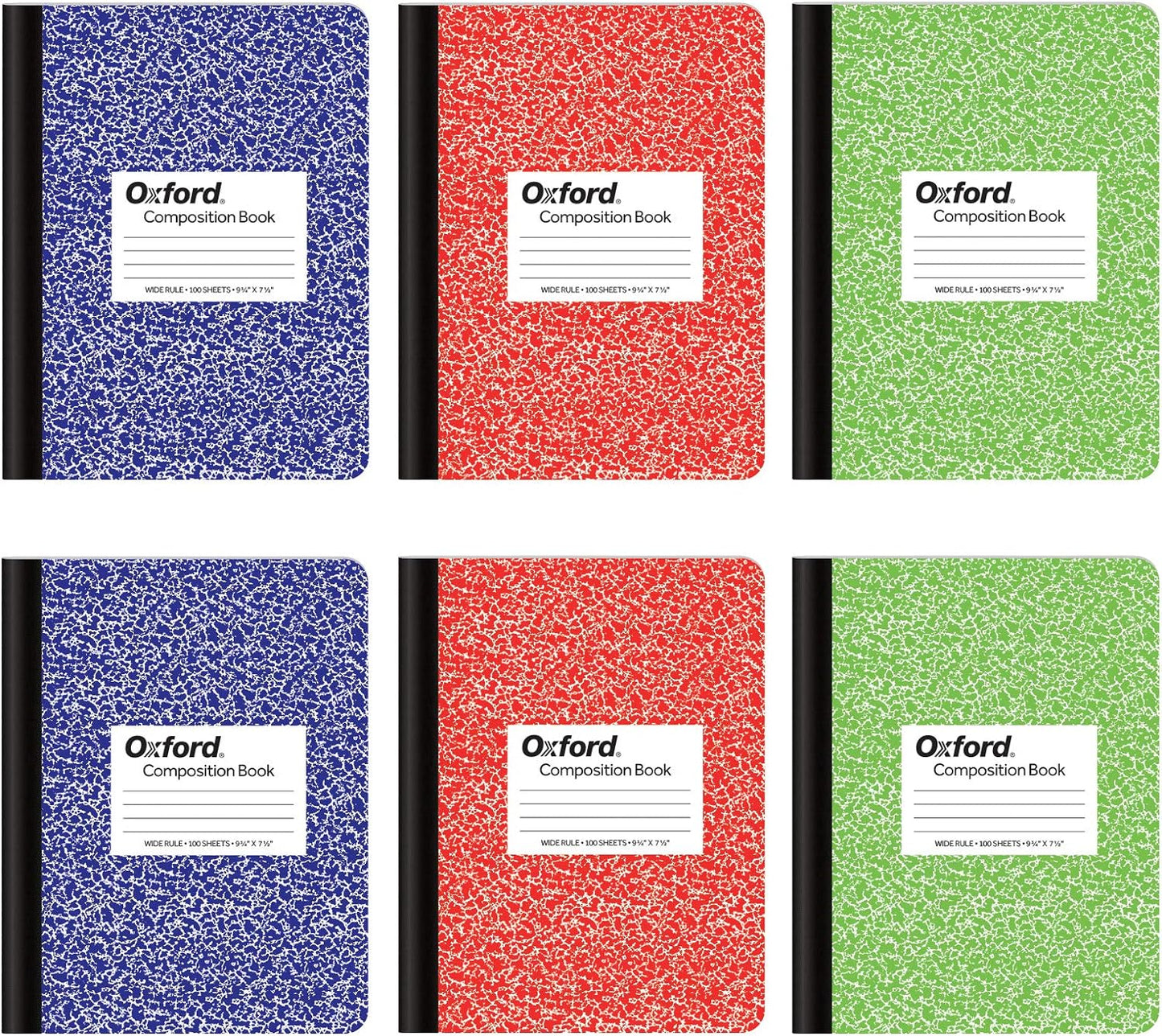 Oxford Composition Notebook 6 Pack, School Supplies, Notebooks for School, Wide Ruled Paper. 9-3/4 x 7-1/2 Inches, 100 Sheets, Assorted Marble Covers, 2 Each: Blue, Green, Red (63762)