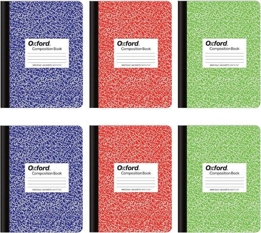 Oxford Composition Notebook 6 Pack, School Supplies, Notebooks for School, Wide Ruled Paper. 9-3/4 x 7-1/2 Inches, 100 Sheets, Assorted Marble Covers, 2 Each: Blue, Green, Red (63762)