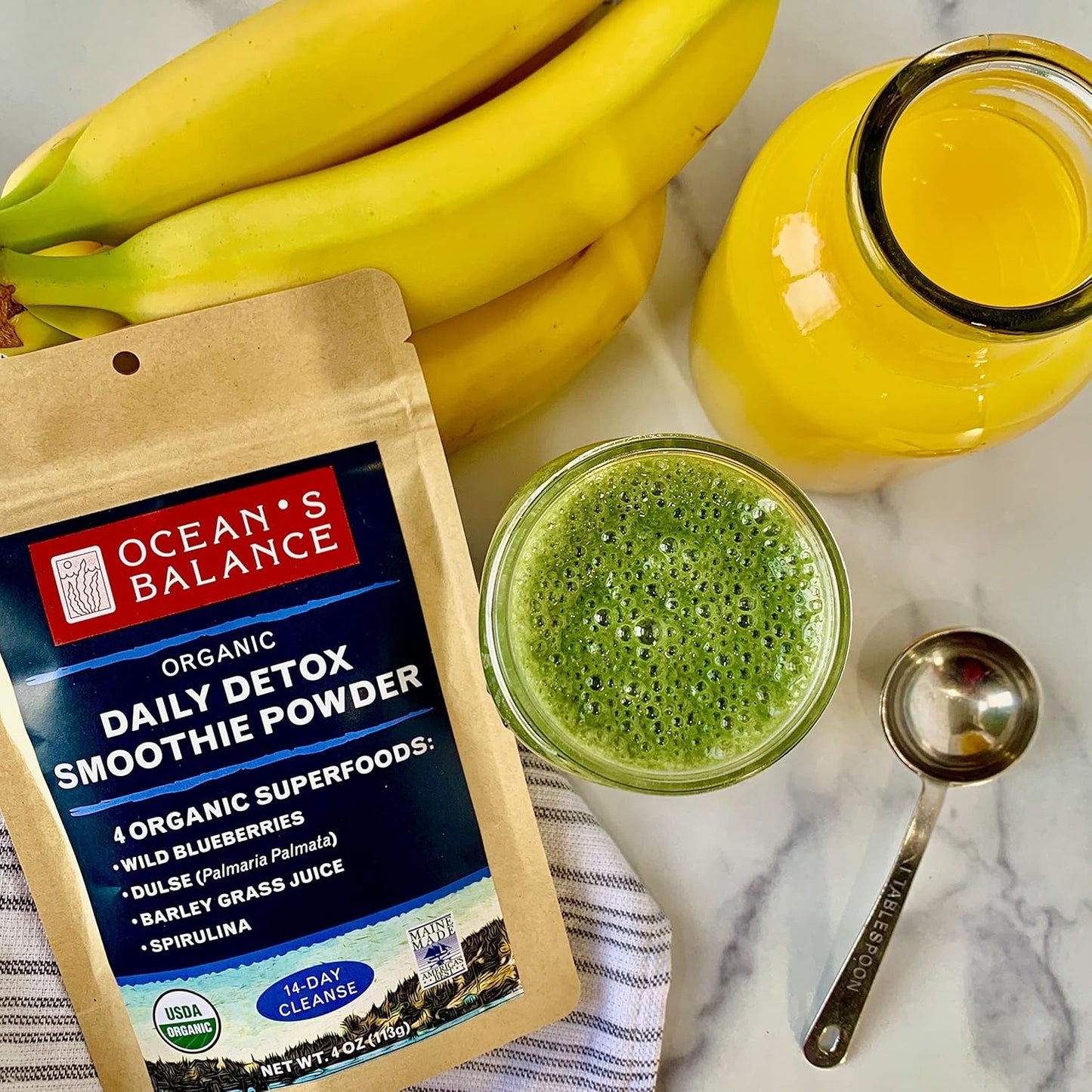 Ocean's Balance Daily Detox Smoothie Powder with Blueberry, Spirulina, Dulse Seaweed & Barley Grass Juice Powder — Easily Digested Smoothie Mix for 14-Day Detox Cleanse (4 oz - 1 Pack)