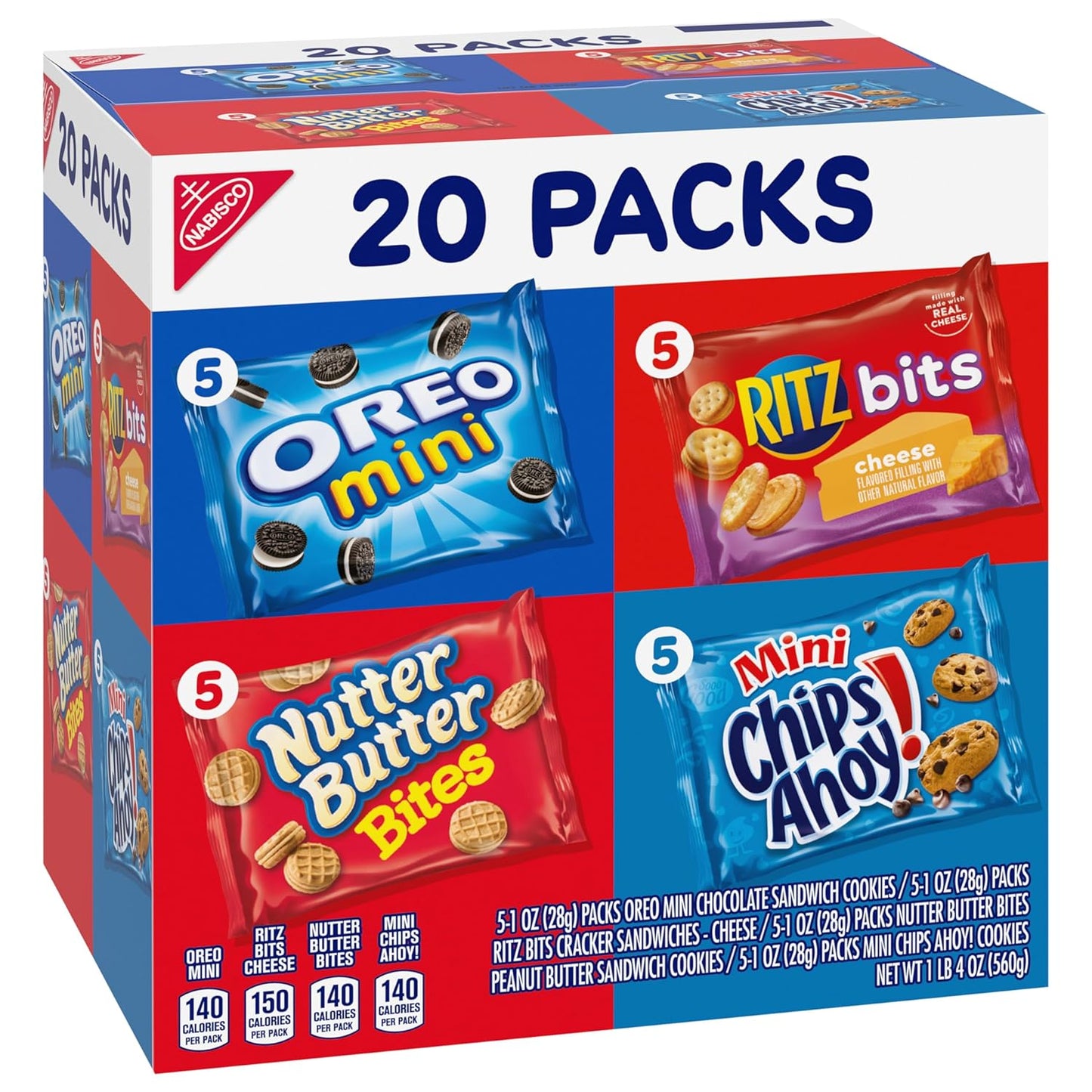 Nabisco Classic Mix Variety Pack, OREO Mini, CHIPS AHOY! Mini, Nutter Butter Bites, RITZ Bits Cheese, 20 - 1 oz Snack Packs