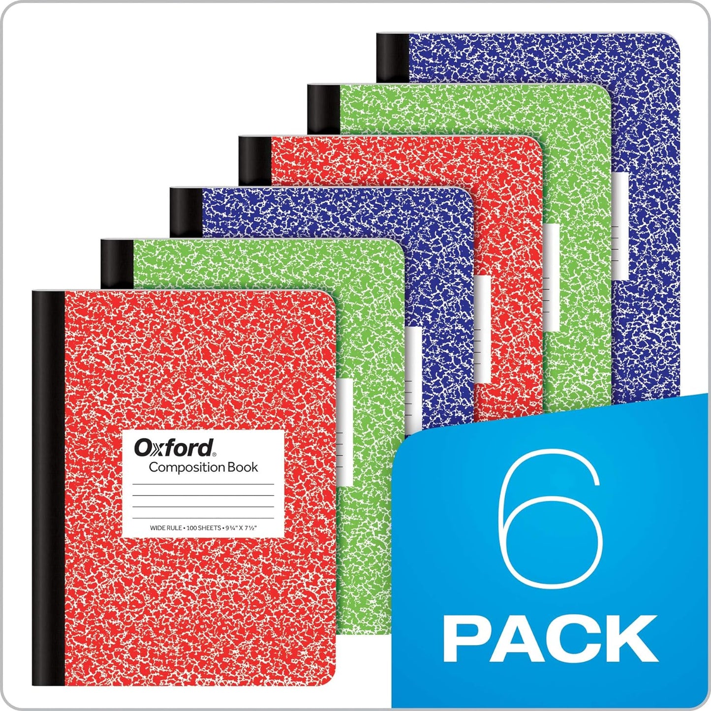 Oxford Composition Notebook 6 Pack, School Supplies, Notebooks for School, Wide Ruled Paper. 9-3/4 x 7-1/2 Inches, 100 Sheets, Assorted Marble Covers, 2 Each: Blue, Green, Red (63762)