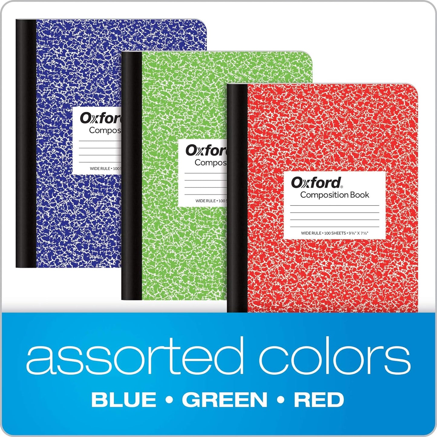 Oxford Composition Notebook 6 Pack, School Supplies, Notebooks for School, Wide Ruled Paper. 9-3/4 x 7-1/2 Inches, 100 Sheets, Assorted Marble Covers, 2 Each: Blue, Green, Red (63762)