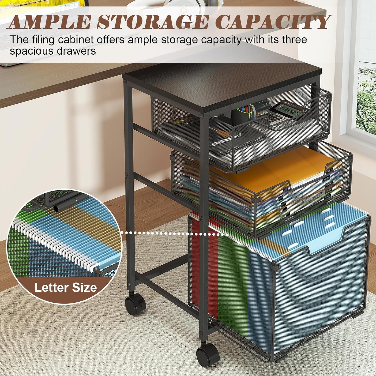 Rolling File Cart with 3 Drawers, Under Desk Storage Mobile Filing Cabinet for Home Office, Hanging File Folders Organizer, Utility Cart with Wheels, Printer Stand, Black