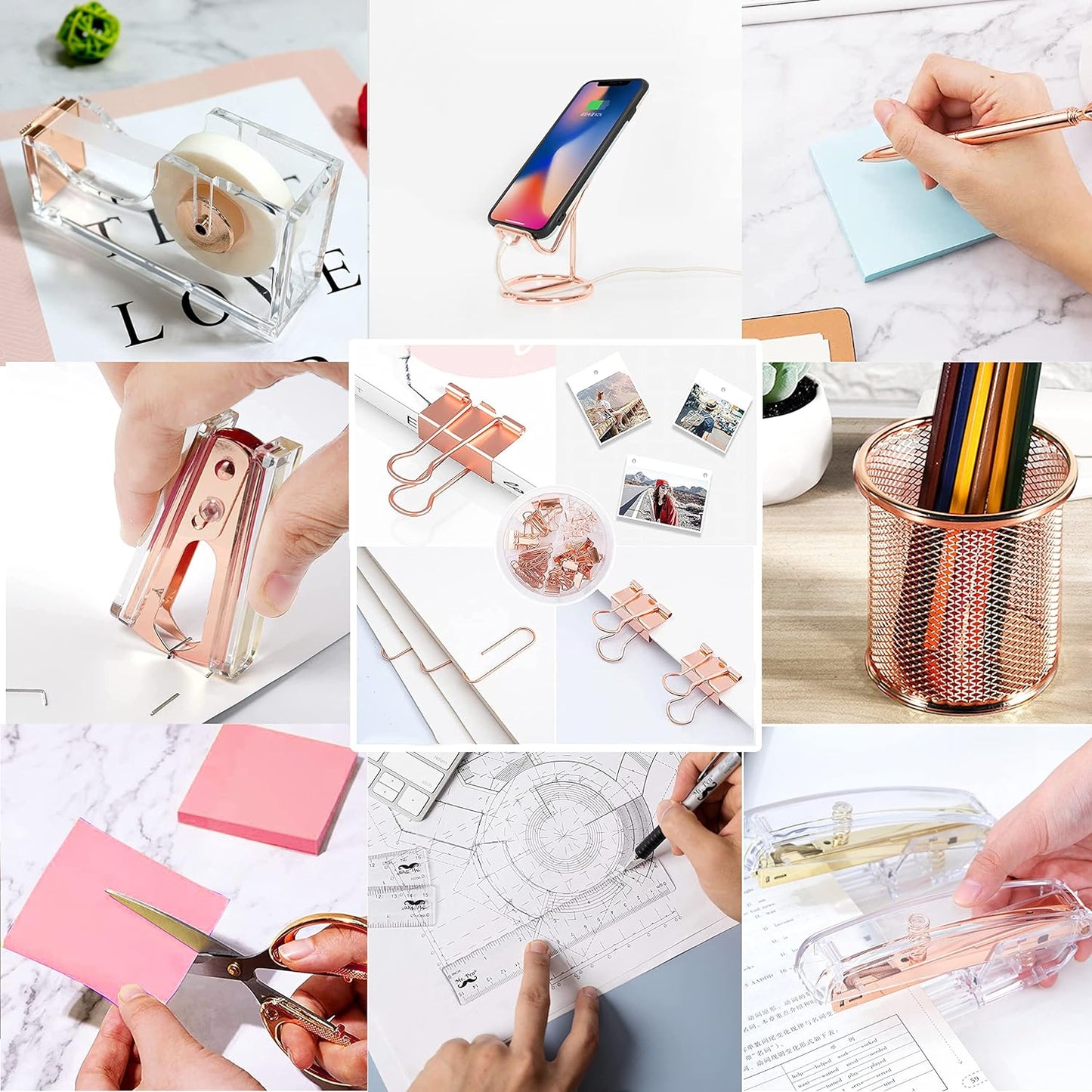 Rose Gold Desk Accessories, Acrylic Stapler, Staple Remover, Tape Holder, Pen Holder, Ballpoint Pen, Scissor, Binder Clips, Staples, Phone Holder, Ruler, Transparent Glue and Sticky Notes