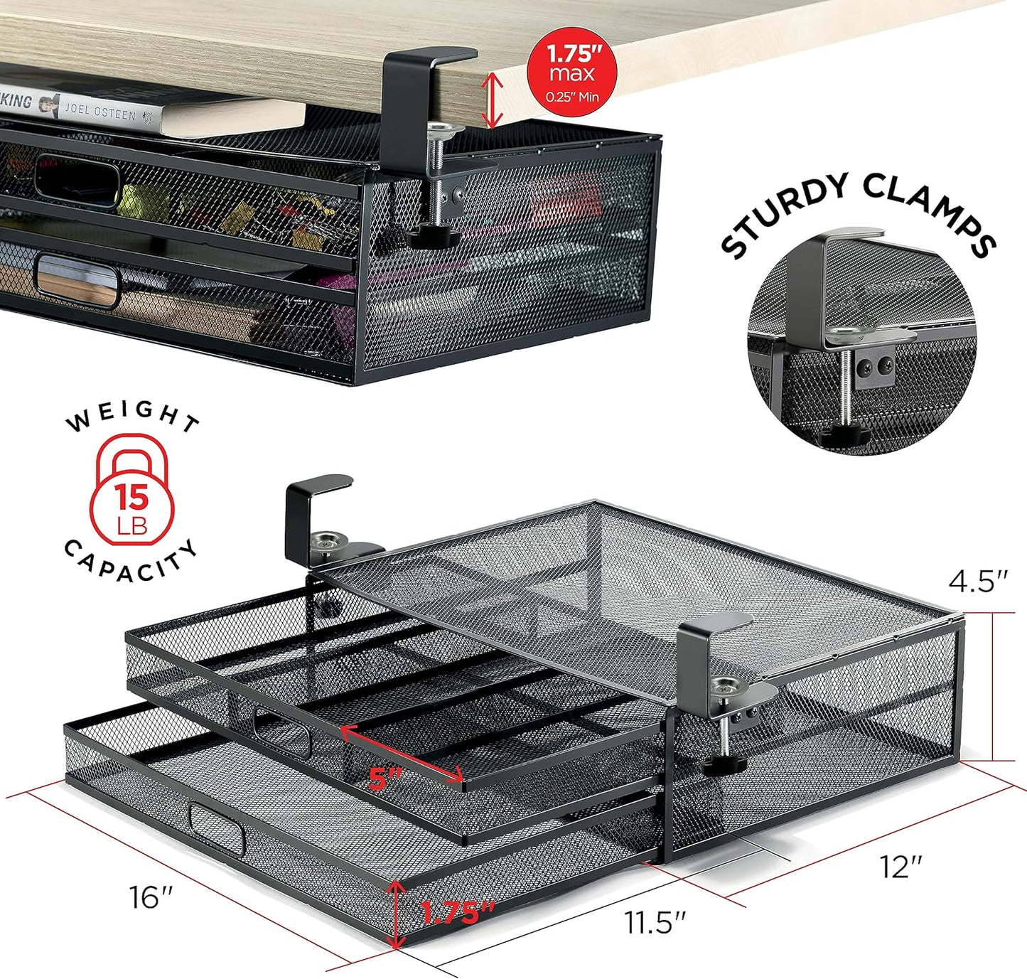 Under Desk Drawer Organizer Clamp-On, Mesh Metal Desk Drawer Attachment, 2 Drawer Slide Out, On Desk Or Under Desk Organizer For Office Supplies & Home Essentials (2 Drawers)