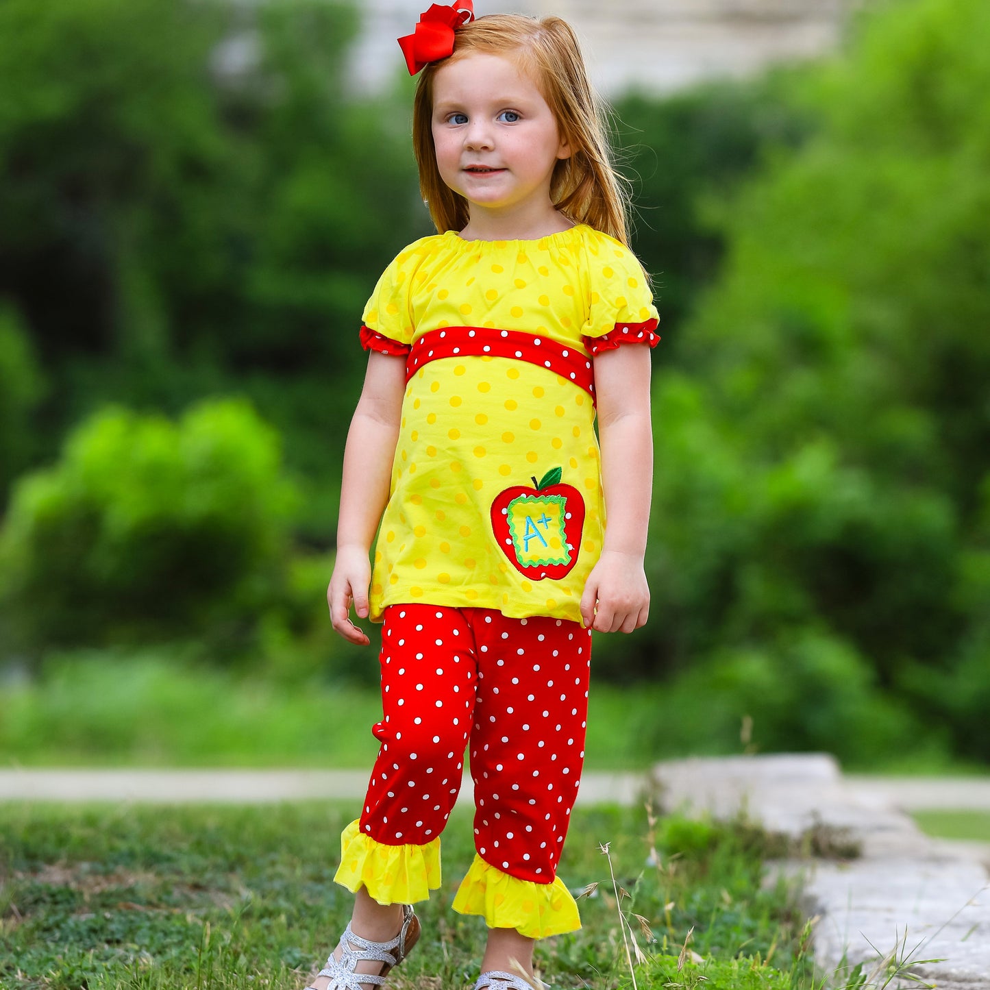 Big Girls Back to School Apple Yellow 2 piece Set Outfit sz 8