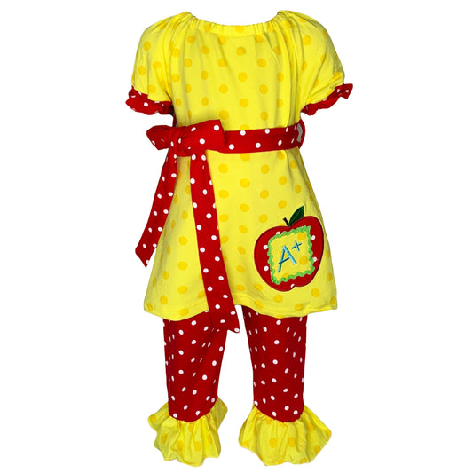 Big Girls Back to School Apple Yellow 2 piece Set Outfit sz 8